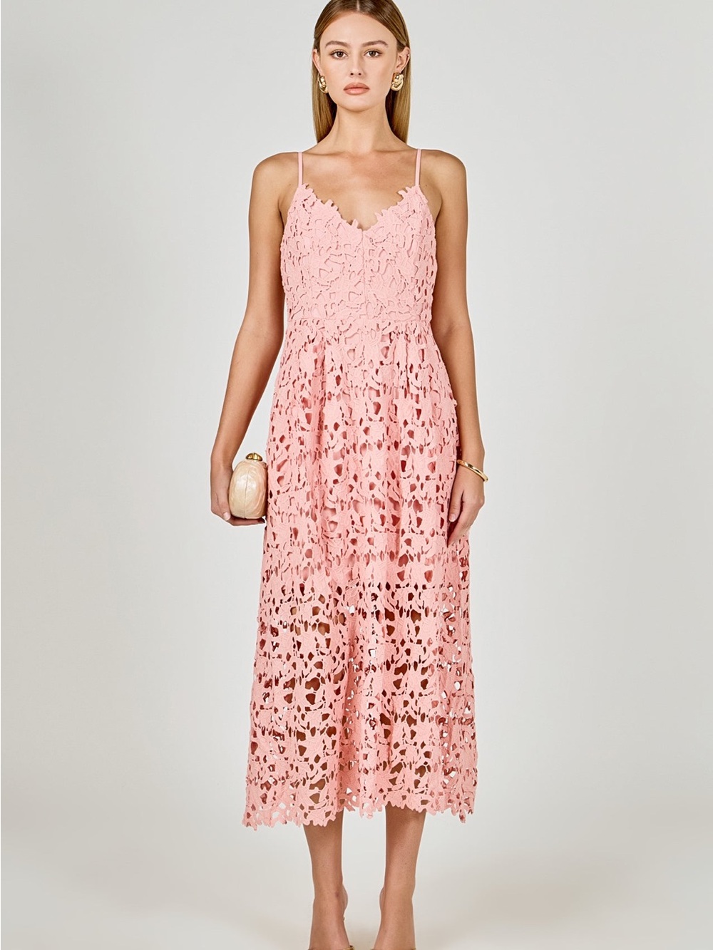 Astr Endless Rose Blush Pink Lace Midi Dress with Spaghetti Straps